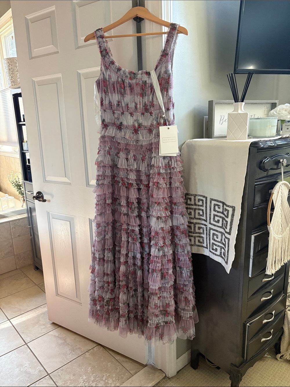 Mac Duggal Lavender Floral Tiered Ruffle Maxi Dress